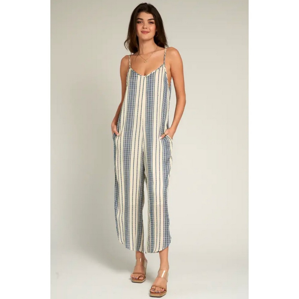 French Quarter Blue White Striped Cami Jumpsuit Tulip Hem Size Small Boho Resort